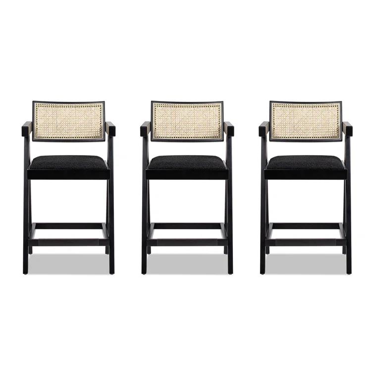 Coulten 25.5" Modern Webbing Back Bar Stool With Arms, Set Of 3, Ebony Black Boucle