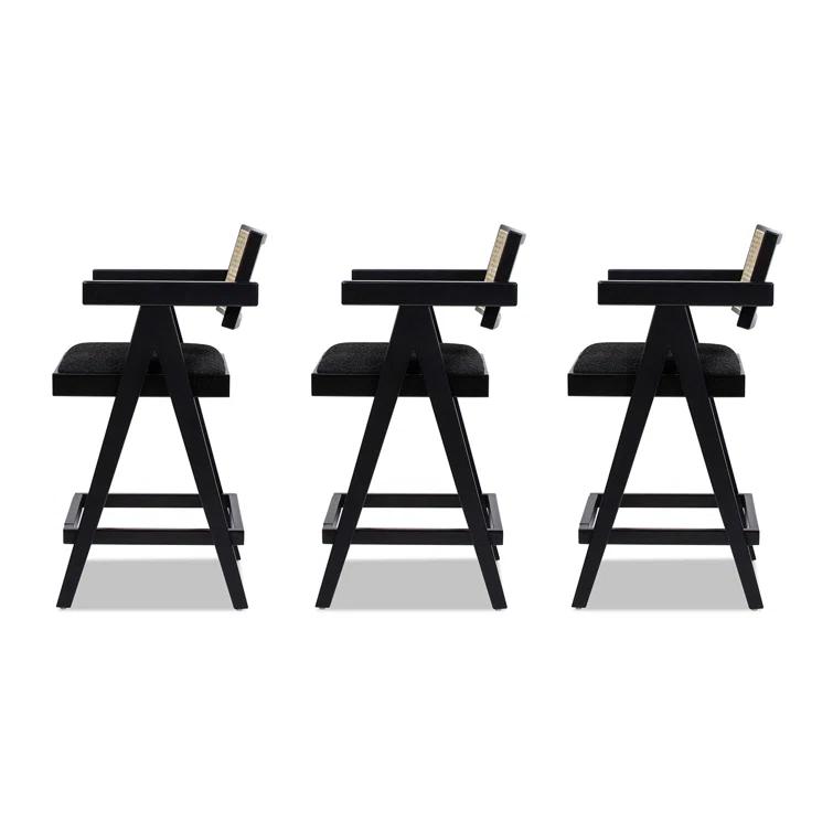 Coulten 25.5" Modern Webbing Back Bar Stool With Arms, Set Of 3, Ebony Black Boucle