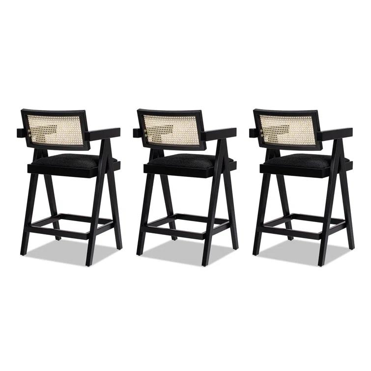 Coulten 25.5" Modern Webbing Back Bar Stool With Arms, Set Of 3, Ebony Black Boucle