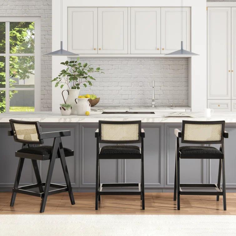Coulten 25.5" Modern Webbing Back Bar Stool With Arms, Set Of 3, Ebony Black Boucle