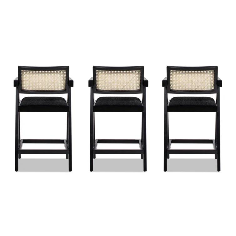 Coulten 25.5" Modern Webbing Back Bar Stool With Arms, Set Of 3, Ebony Black Boucle