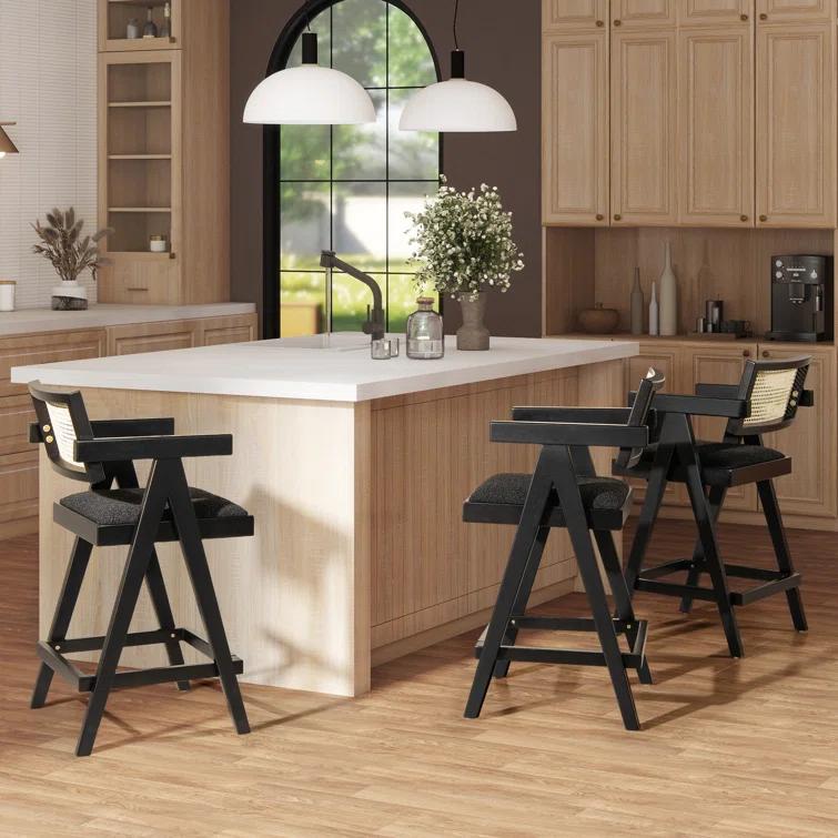 Coulten 25.5" Modern Webbing Back Bar Stool With Arms, Set Of 3, Ebony Black Boucle