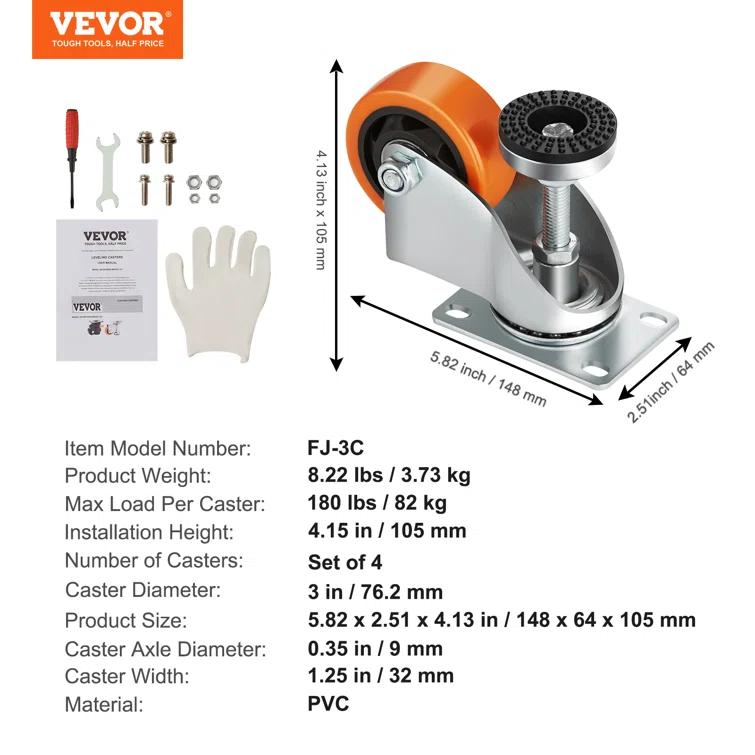 Stellweilan Tessberg Leveling Casters, Set of 4, 2200 lbs Total Load Capacity (Set of 4)