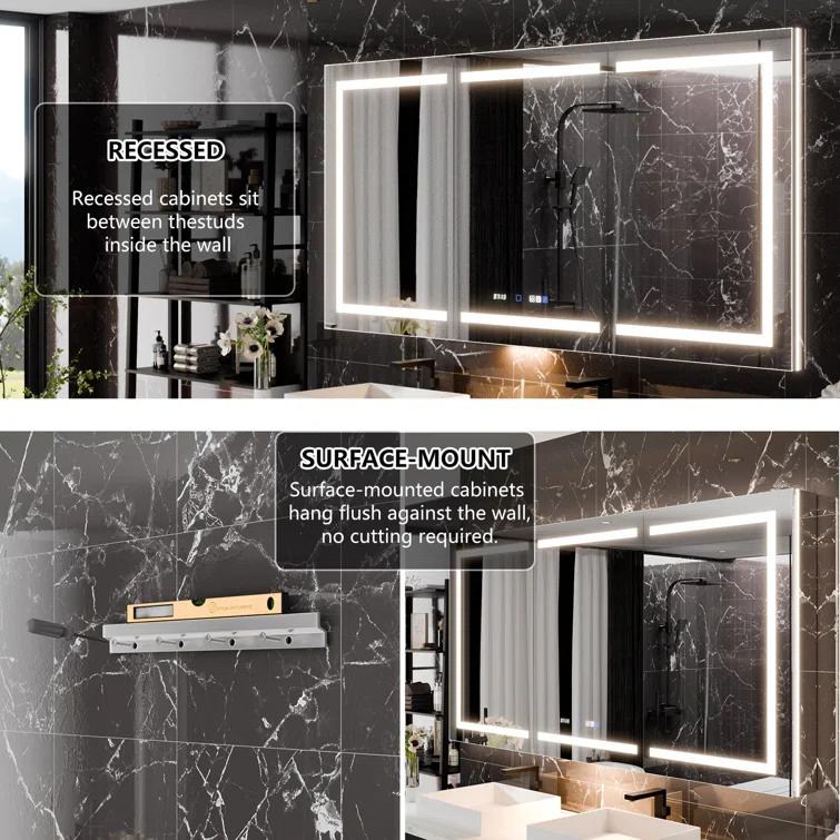 MEDUNJESS 72''x36'' Surface or Recessed Mount LED Medicine Cabinet with Mirror and Defogger 3 doors Medicine Cabinet