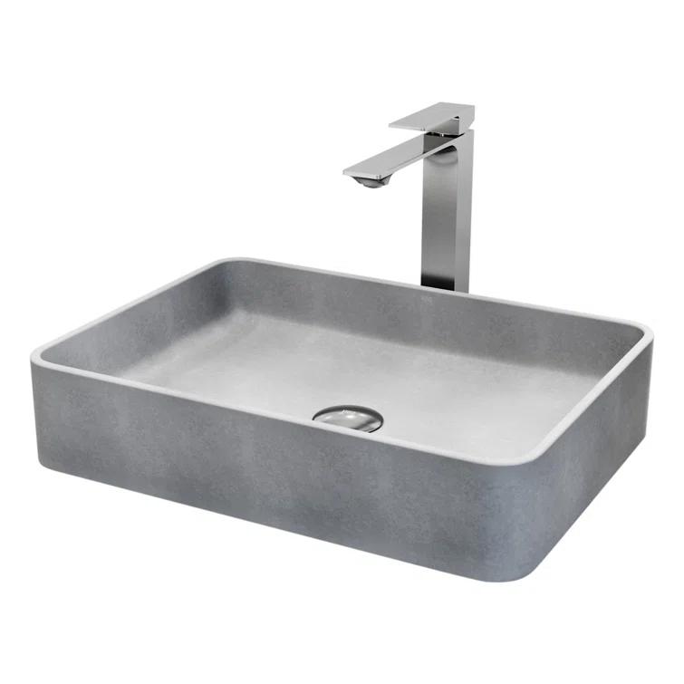 VIGO Dunn Tarragona Gothic 19" L x 14" W x 4" H Rectangular Concrete Vessel Bathroom Sink with 11" H Faucet VGT2085