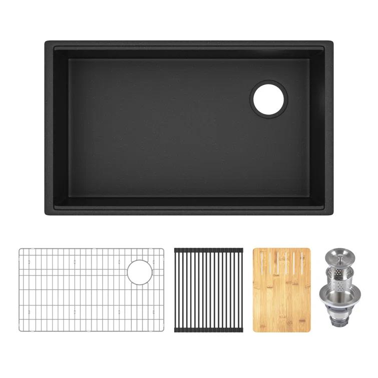 30-inch L Single Bowl Concrete Workstation Farmhouse Kitchen Sink Large Capacity Deep Dual Mount with Accessories