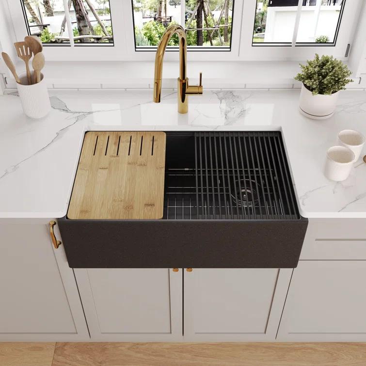 30-inch L Single Bowl Concrete Workstation Farmhouse Kitchen Sink Large Capacity Deep Dual Mount with Accessories