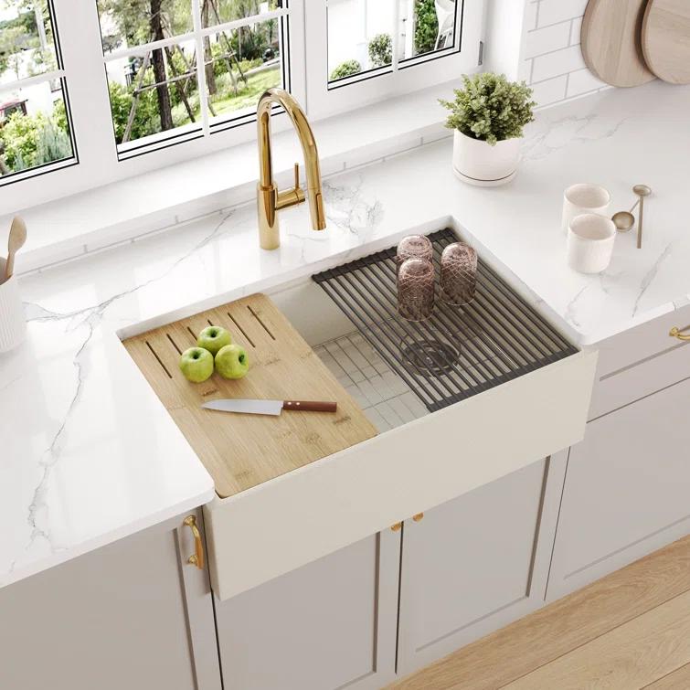 30-inch L Single Bowl Concrete Workstation Farmhouse Kitchen Sink Large Capacity Deep Dual Mount with Accessories