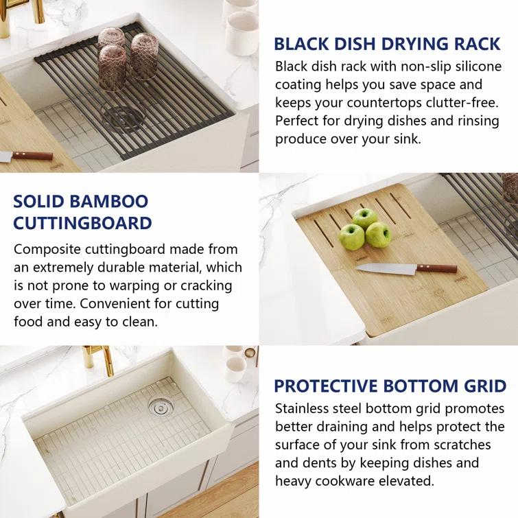 30-inch L Single Bowl Concrete Workstation Farmhouse Kitchen Sink Large Capacity Deep Dual Mount with Accessories