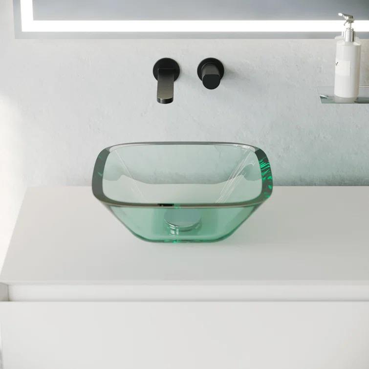 Square Glass Bathroom Vessel Sink with Drain Mini Bath Bowl
