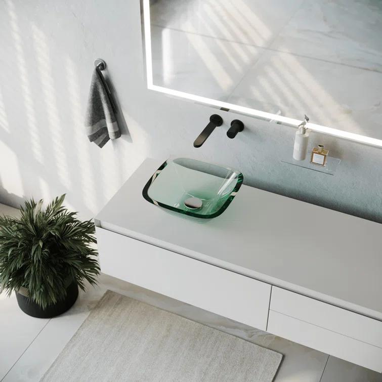 Square Glass Bathroom Vessel Sink with Drain Mini Bath Bowl