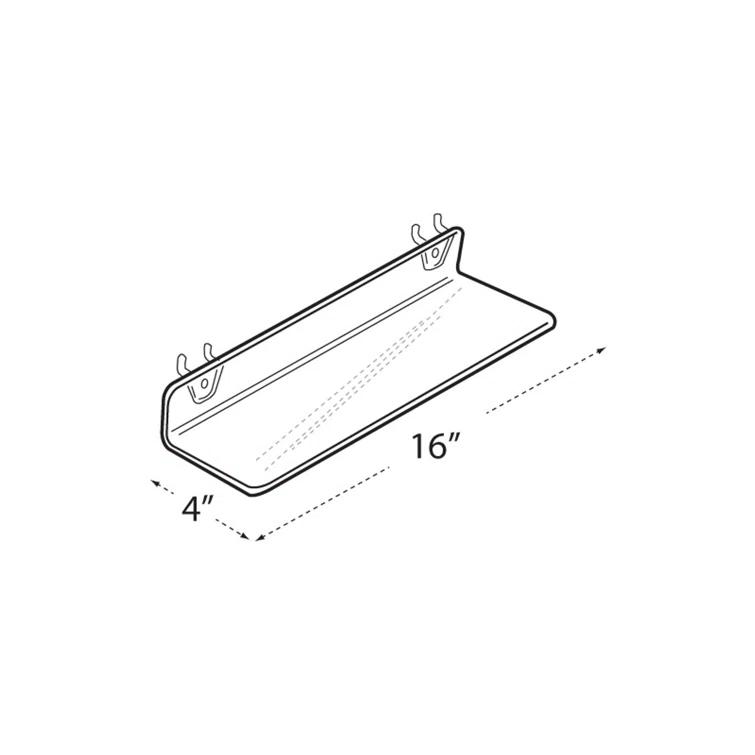 Clear Acrylic Shelf for Pegboard & Slatwall 16" x 4" x 2", 4-Pack