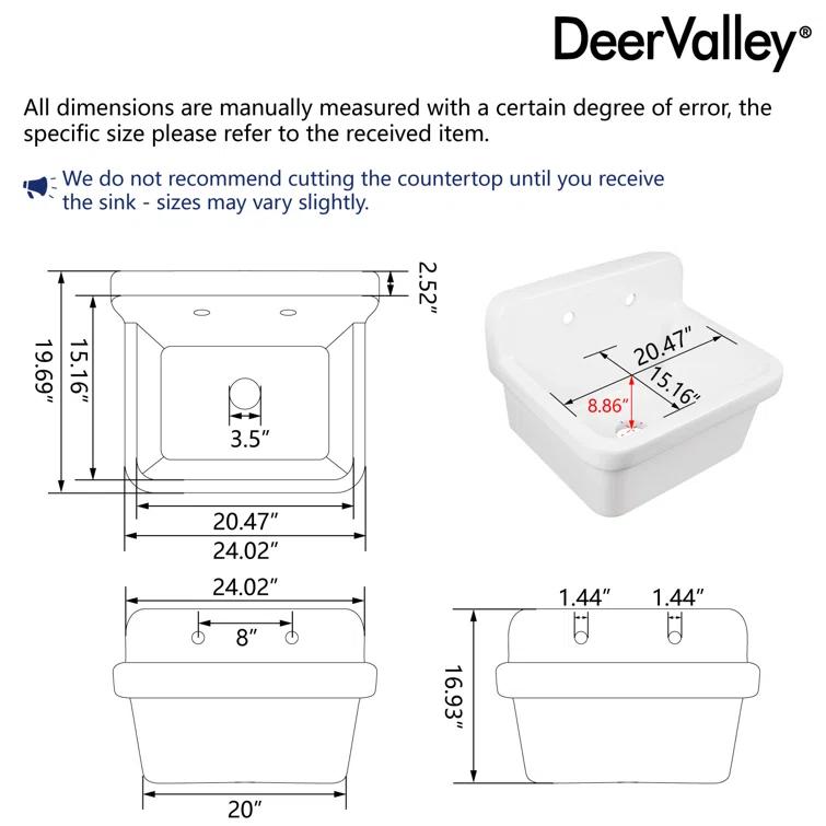DeerValley 24"×19.7" Vitreous China Wall Mount Utility Sink Farm Style High Back Laundry Sink