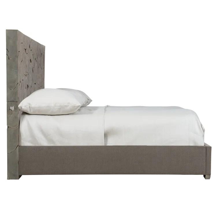 Gray King Upholstered Bed with Teak Panel Headboard