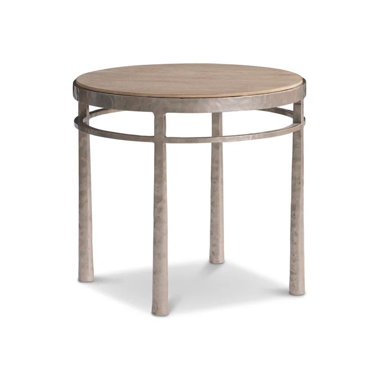 Marcona Brown Oak and Frosted Nickel Round Side Table