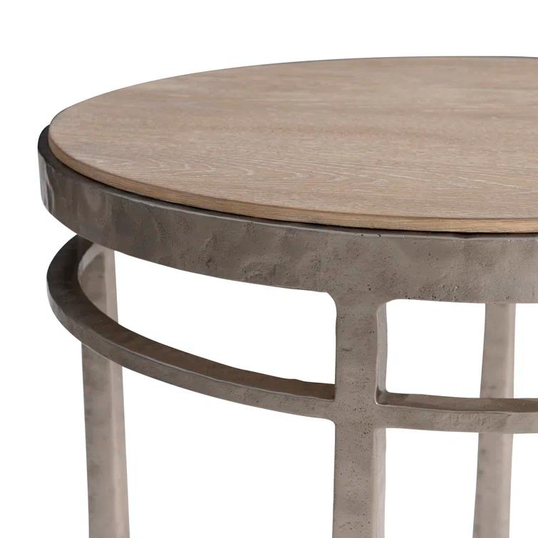 Marcona Brown Oak and Frosted Nickel Round Side Table