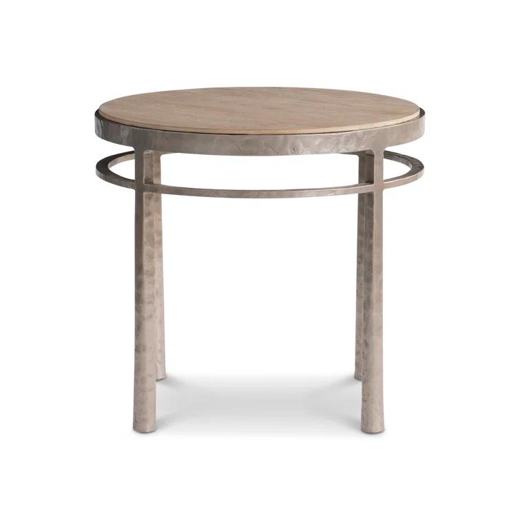 Marcona Brown Oak and Frosted Nickel Round Side Table