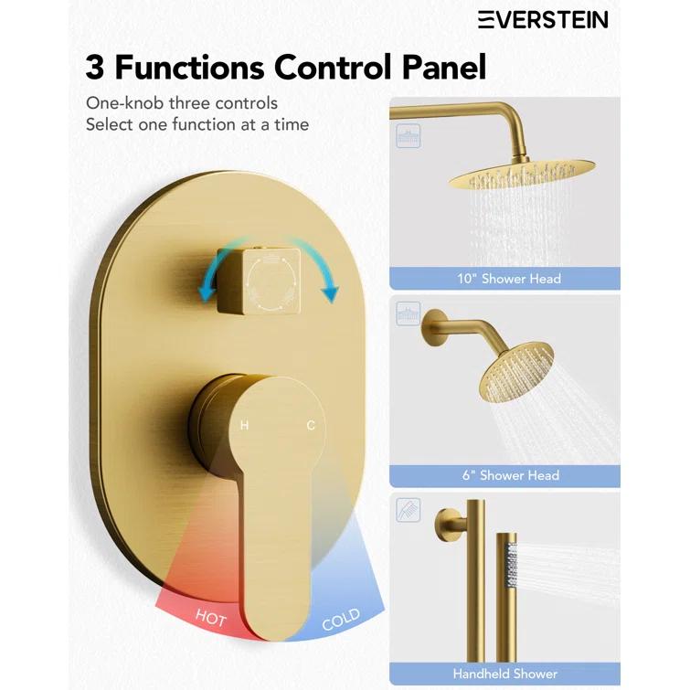 DualJetSpa 3-Function Round 10" & 6" Dual Shower Faucet System with Pressure Balancing Rough-In Valve