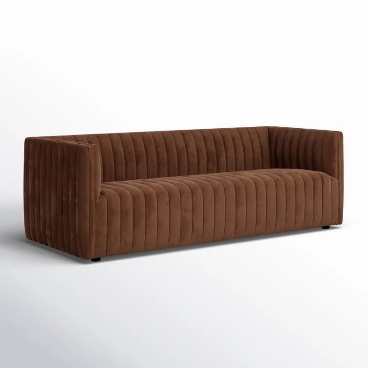 Surrey Auburn Contemporary Tufted Leather Sofa with Wood Accents