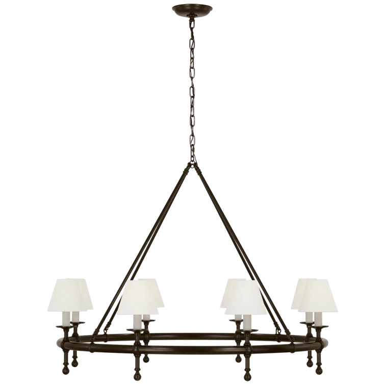 Antique-Burnished Brass 8-Light Chandelier with Linen Shades