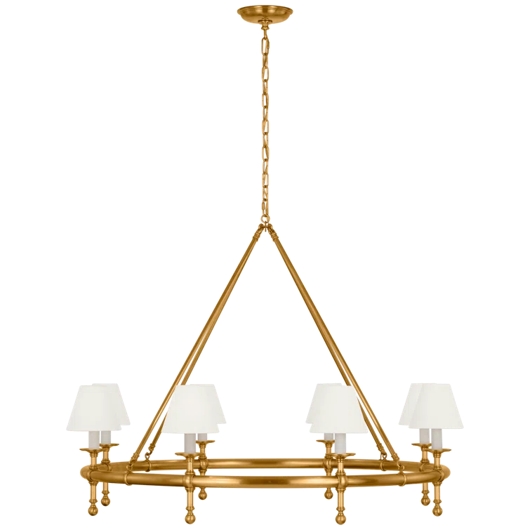 Antique-Burnished Brass 8-Light Chandelier with Linen Shades