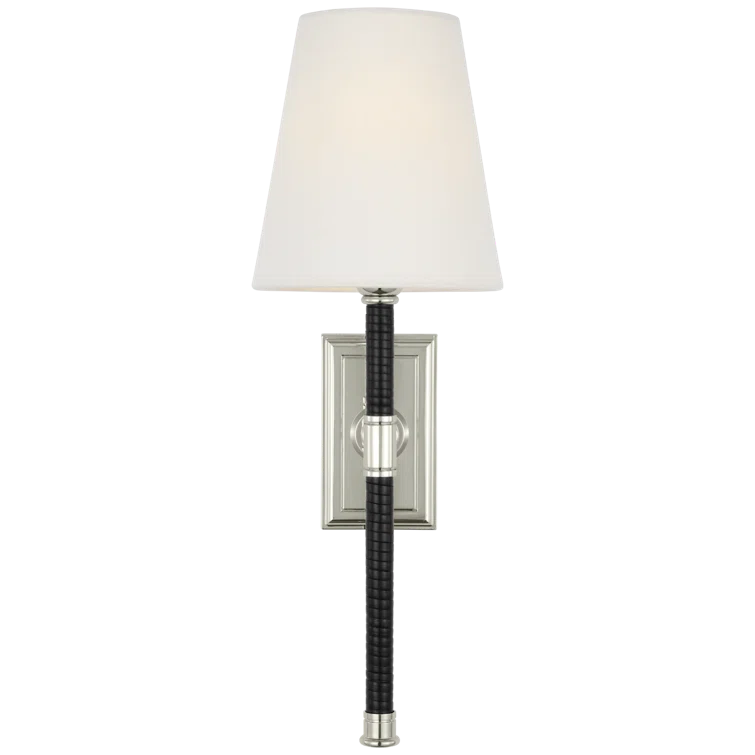 Black and Polished Nickel 28.5" Wall Sconce with Linen Shade