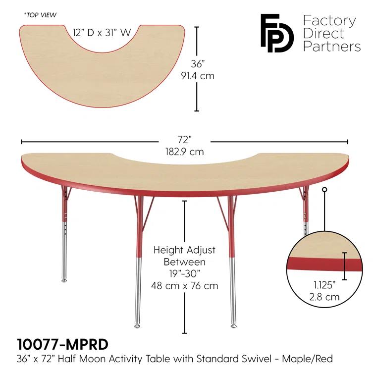 36" x 72" Half Moon T-Mold Activity Table with Adjustable Legs