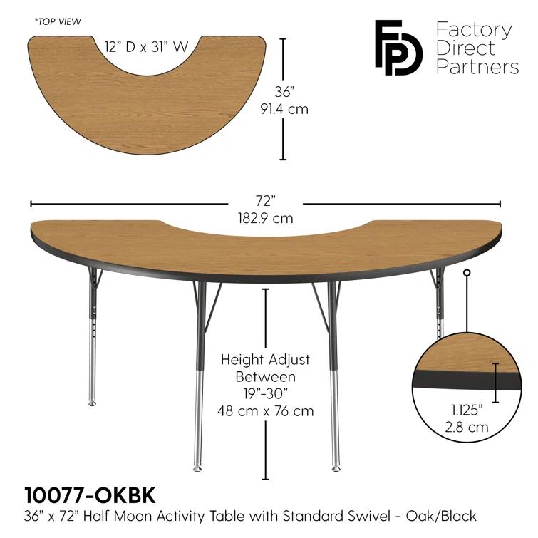 36" x 72" Half Moon T-Mold Activity Table with Adjustable Legs
