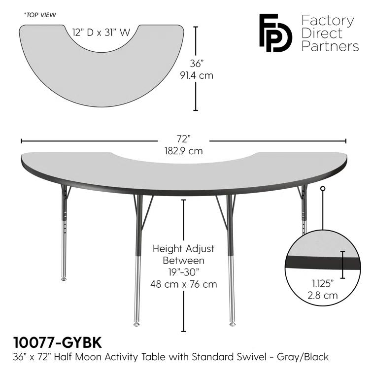 36" x 72" Half Moon T-Mold Activity Table with Adjustable Legs
