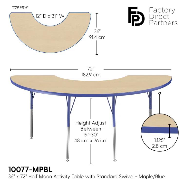 36" x 72" Half Moon T-Mold Activity Table with Adjustable Legs