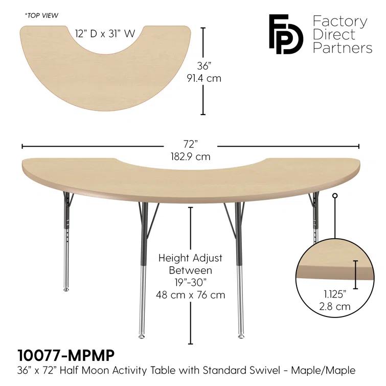 36" x 72" Half Moon T-Mold Activity Table with Adjustable Legs