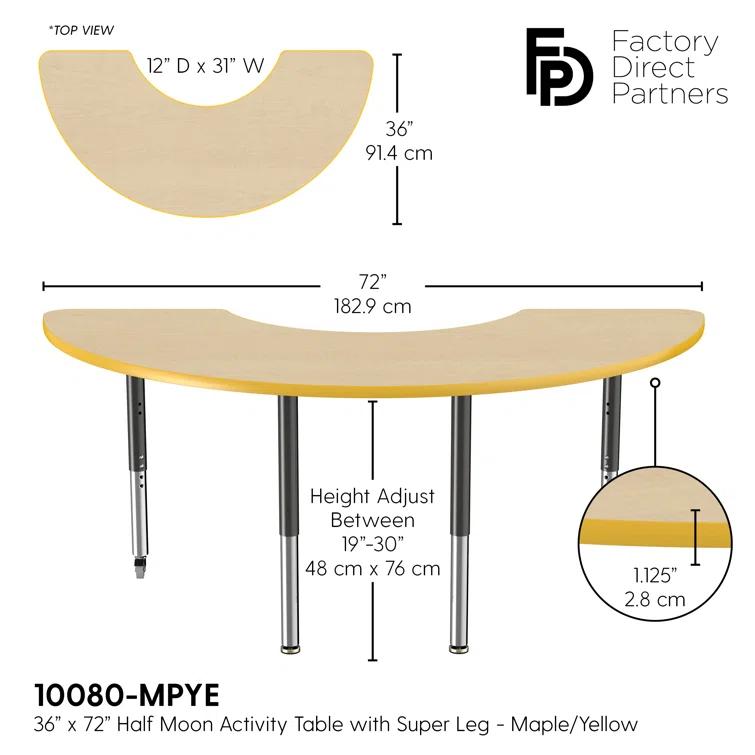 36" x 72" Half Moon T-Mold Activity Table with Adjustable Legs