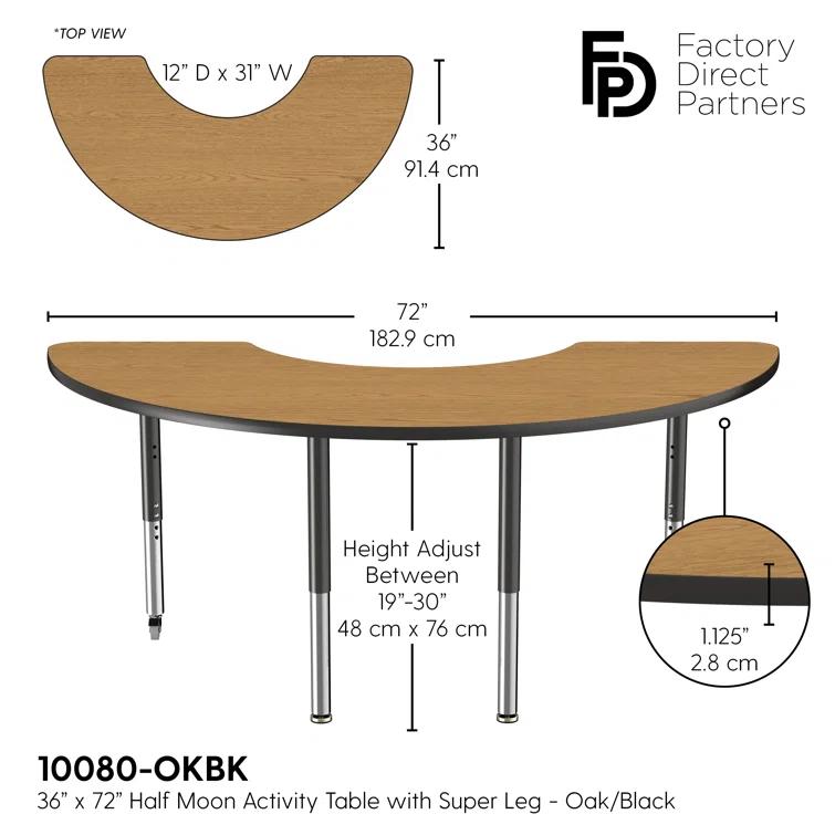 36" x 72" Half Moon T-Mold Activity Table with Adjustable Legs