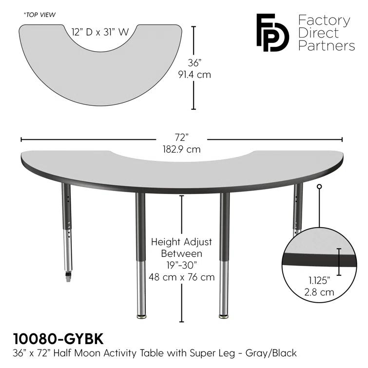 36" x 72" Half Moon T-Mold Activity Table with Adjustable Legs