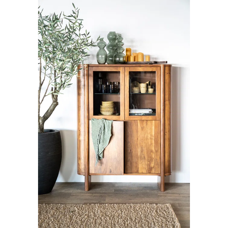 Julian Acacia Wood and Glass 4-Door Accent Cabinet