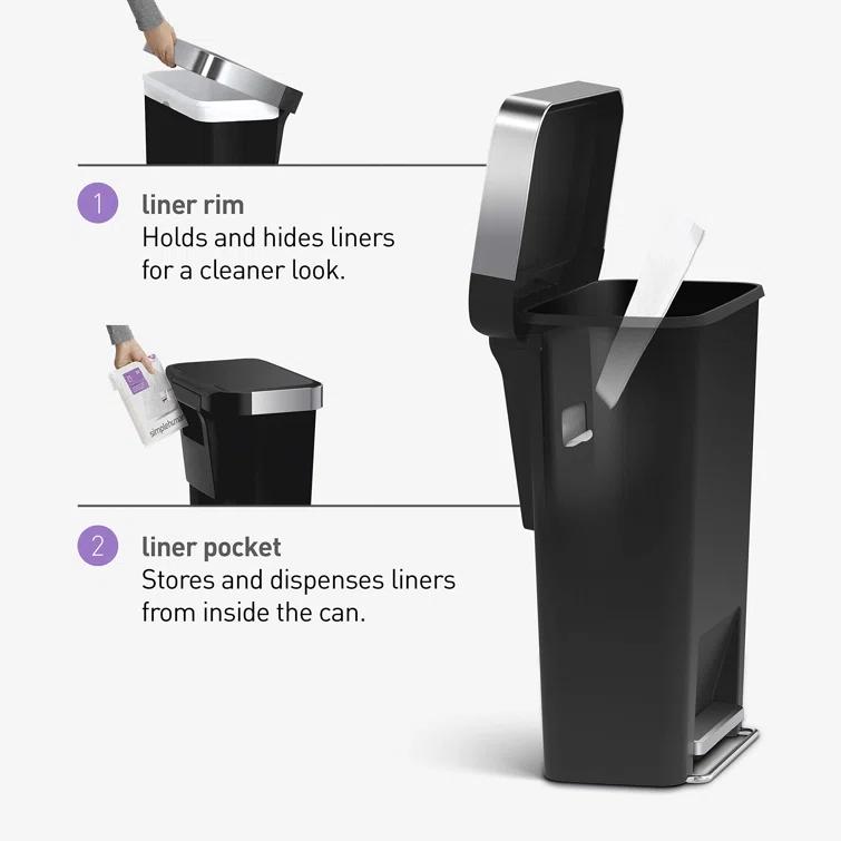 Simplehuman 45 Liter Rectangular Kitchen Trash Can with Liner Pocket, Black Plastic