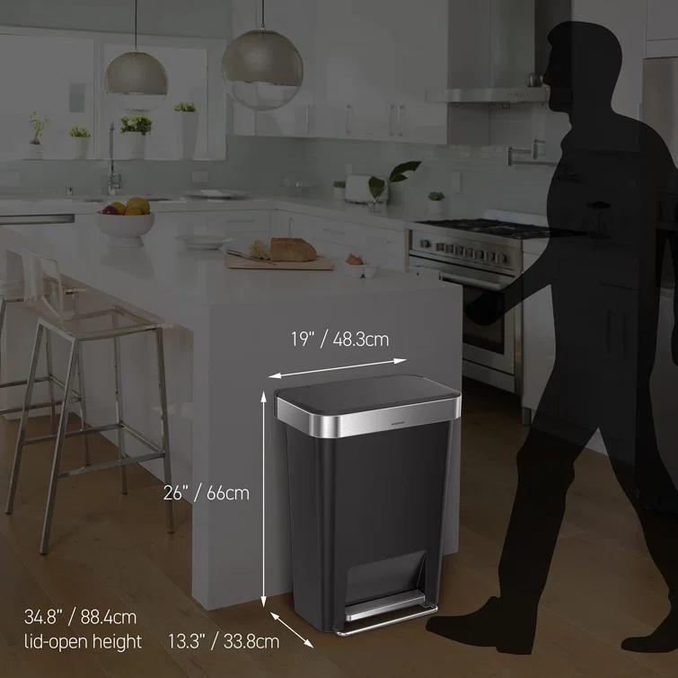 Simplehuman 45 Liter Rectangular Kitchen Trash Can with Liner Pocket, Grey Plastic