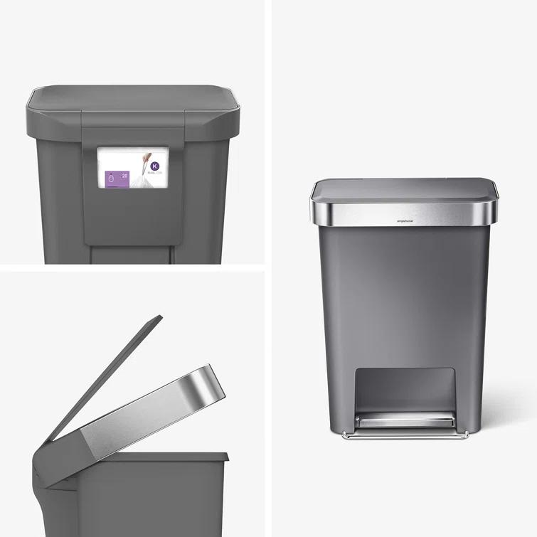 Simplehuman 45 Liter Rectangular Kitchen Trash Can with Liner Pocket, Grey Plastic