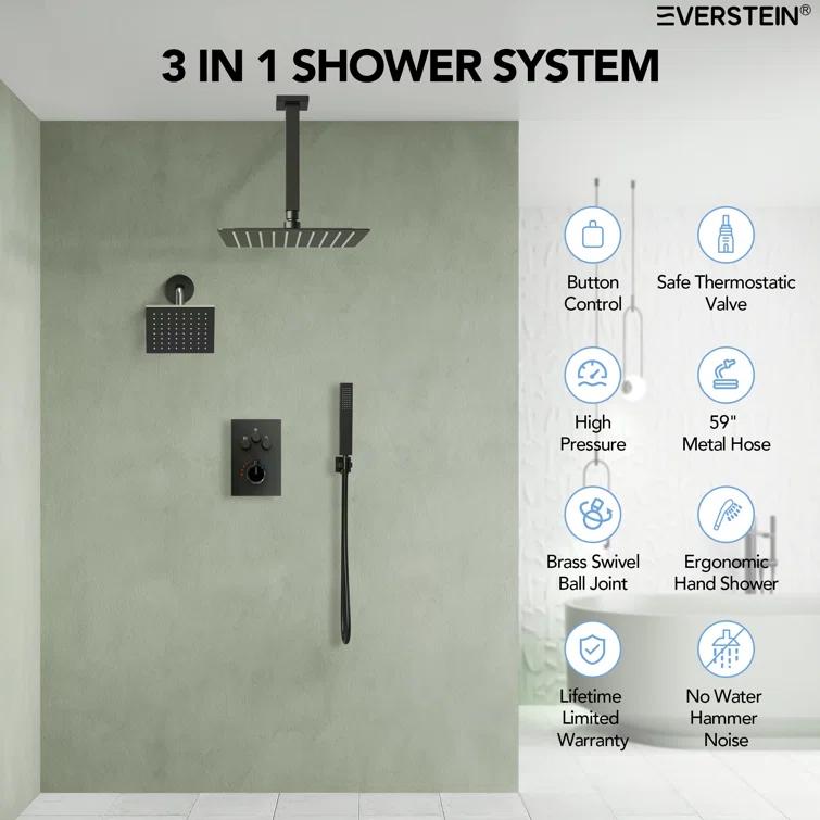 Thermostatic Shower Faucet 12" High-Pressure Dual Showerheads with Rough-In Valve