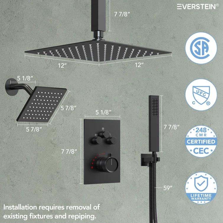 Thermostatic Shower Faucet 12" High-Pressure Dual Showerheads with Rough-In Valve