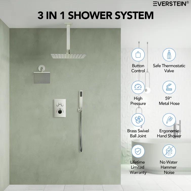 EVERSTEIN Thermostatic Rainfall Shower Faucet, 12-Inch High-Pressure Dual Showerheads System with Rough-In Valve SFS1007-NK12