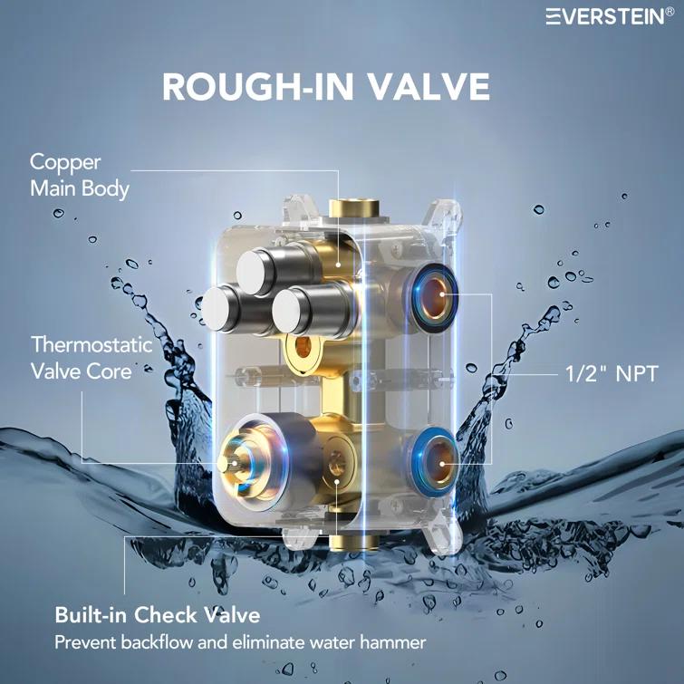 EVERSTEIN Thermostatic Rainfall Shower Faucet, 12-Inch High-Pressure Dual Showerheads System with Rough-In Valve SFS1007-NK12