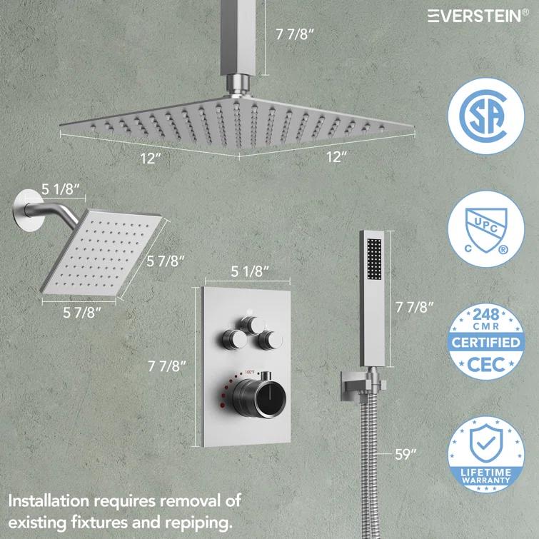 EVERSTEIN Thermostatic Rainfall Shower Faucet, 12-Inch High-Pressure Dual Showerheads System with Rough-In Valve SFS1007-NK12