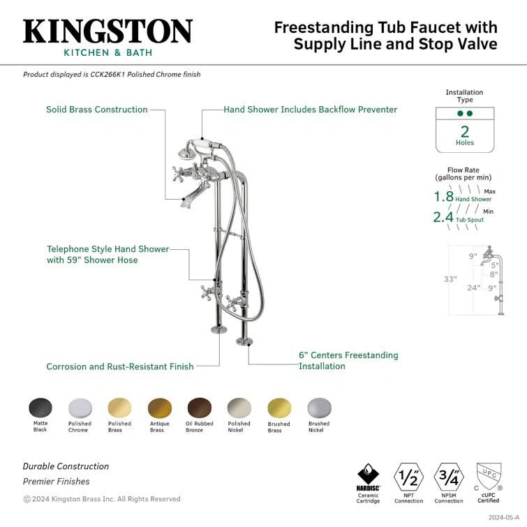 Kingston Brass Kingston Three-Handle 2-Hole Freestanding Tub Faucet with Supply Line and Stop Valve