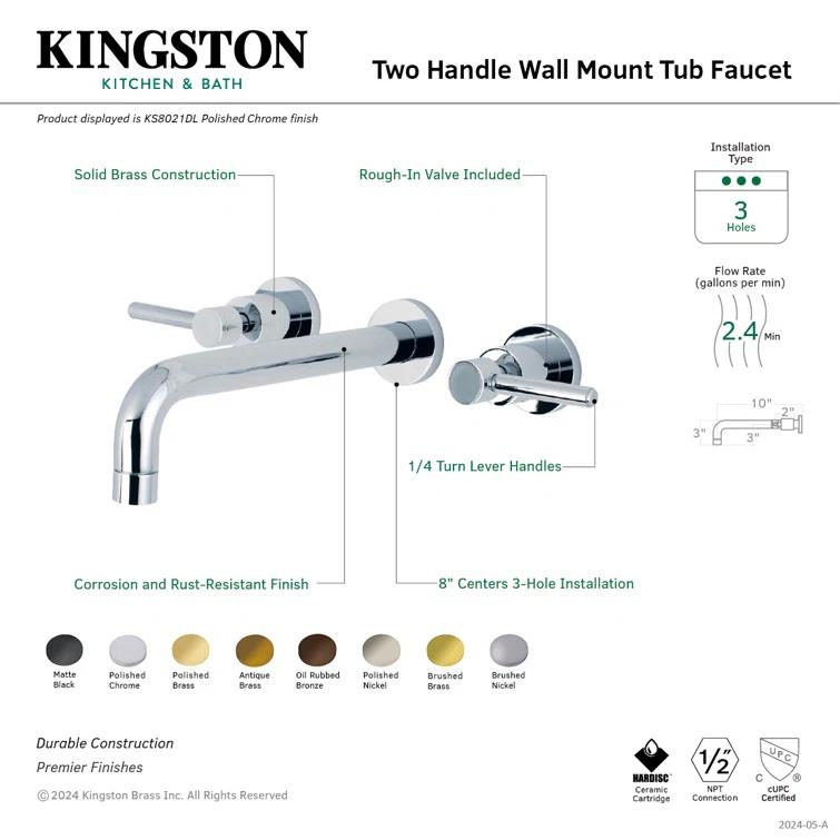 Kingston Brass Concord Two-Handle 3-Hole Wall Mount Roman Tub Faucet