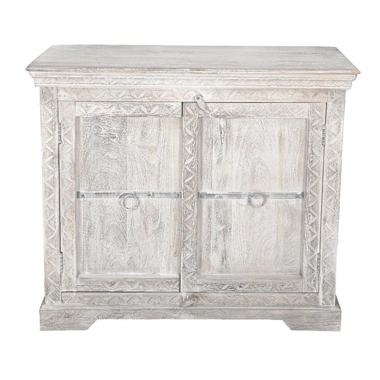 August Grove® White Solid Wood Hand Carved 2 Door Antique Cabinet