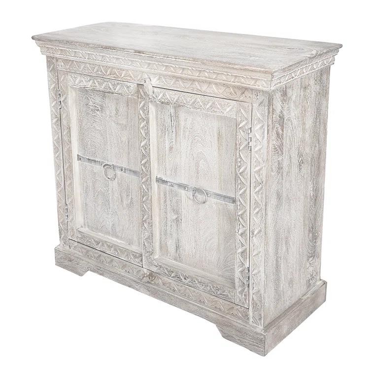 August Grove® White Solid Wood Hand Carved 2 Door Antique Cabinet