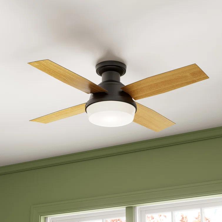 Hunter Fan Dempsey Low Profile 44" 4 - Blade Indoor Flush Mount Small Room Ceiling Fan with Lights and Remote
