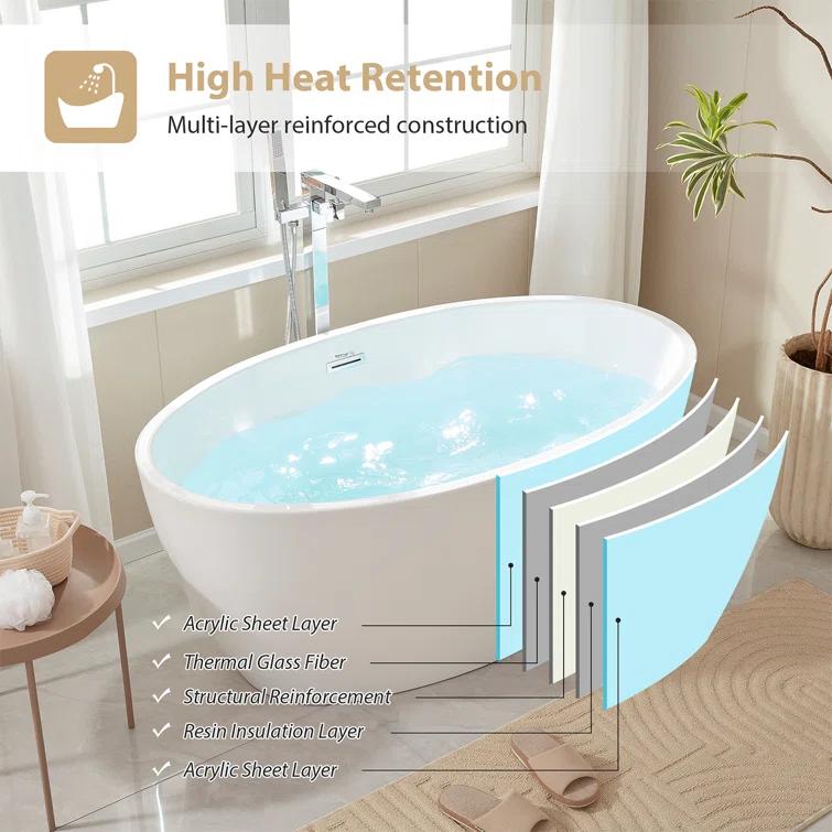 Vanity Art 59" X 32" White Acrylic Freestanding Bathtub