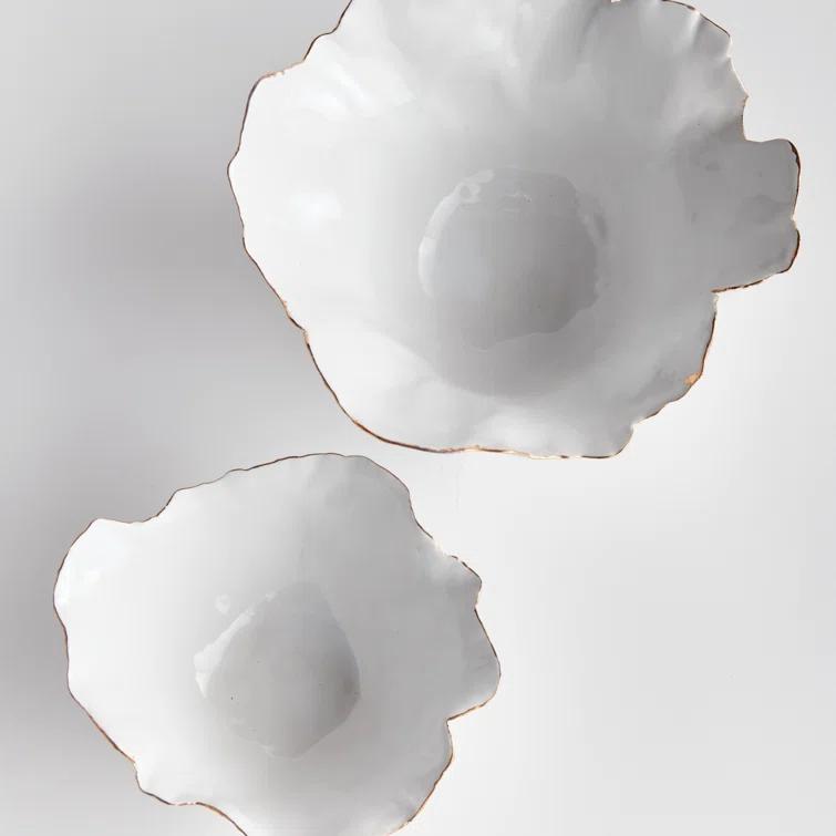 Handcrafted White Ceramic Decorative Bowl Set with Gold Edges